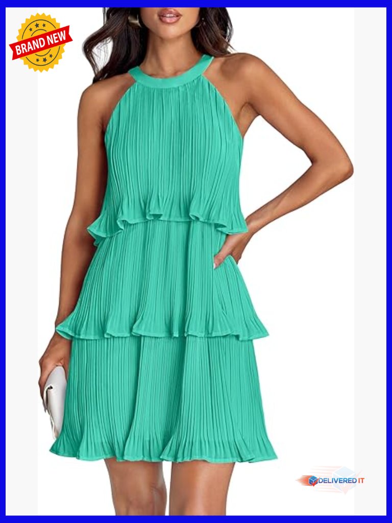 Summer Halter Cocktail Dress Sleeveless Ruffle Tiered Chiffon Pleated Mini